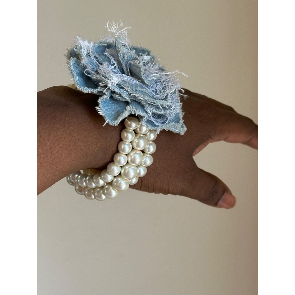 Handmade Pearl Bracelet Shabby Chic Denim & Lace Flower Corsage Wedding Bridal